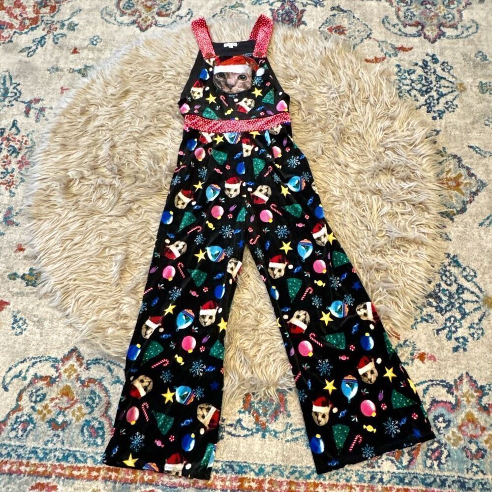 Cat funky ugly Christmas sweater overalls XS